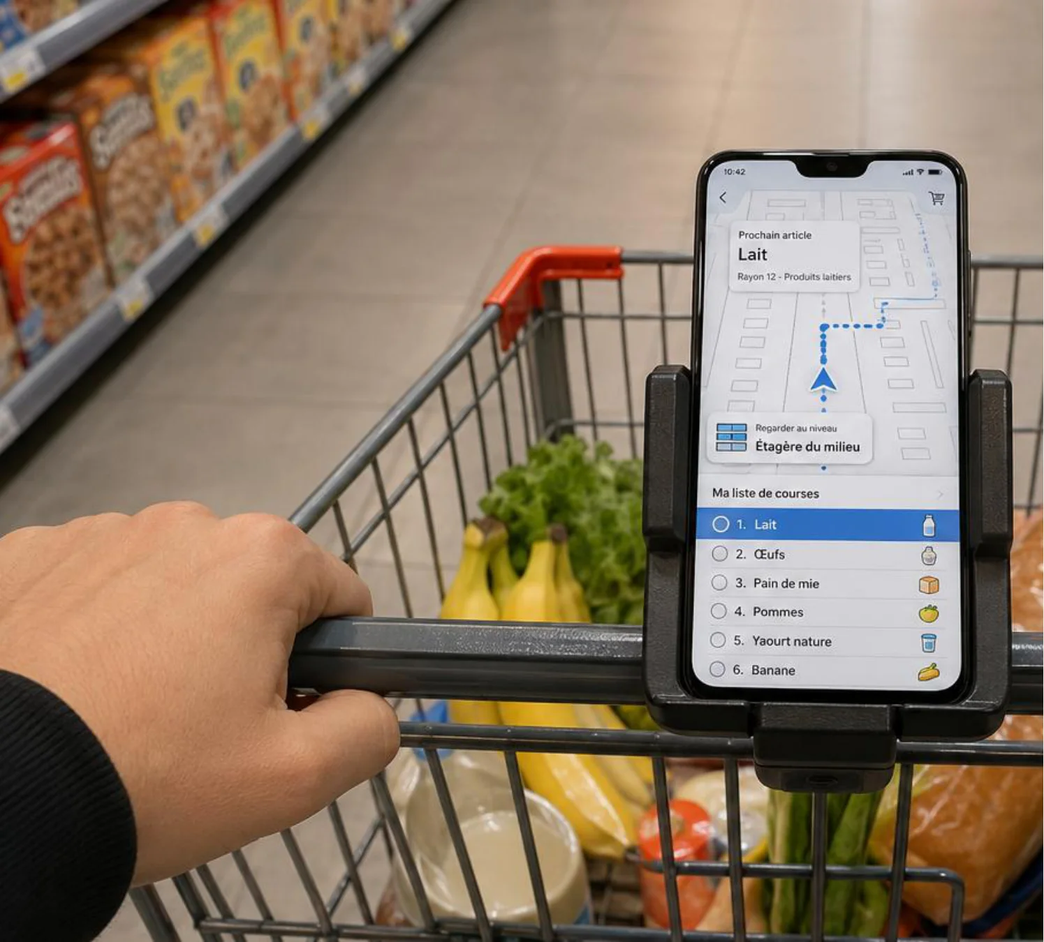 Smartphone fixé sur un caddie de supermarché