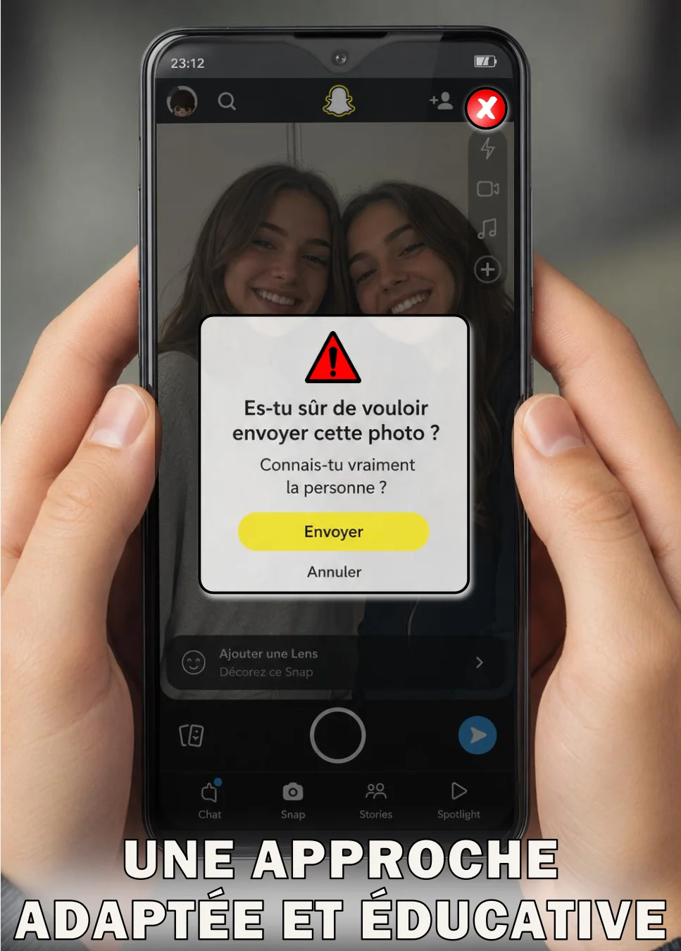 Smartphone affichant un message de prévention