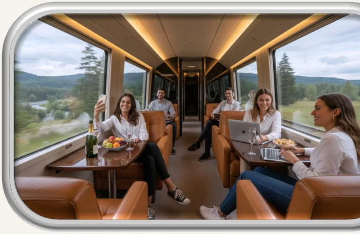 Intérieur d'une voiture de train aménagée en salon